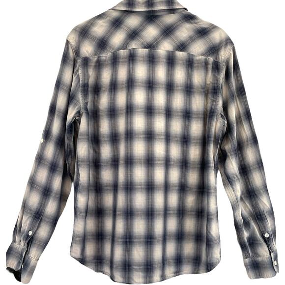 Vince Blue Plaid Double Breasted Pocket Button Front Shirt Large - Picture 2 of 9